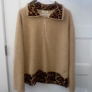 Umgee Half Zip Pullover Sweater with Animal Print Trim Size L